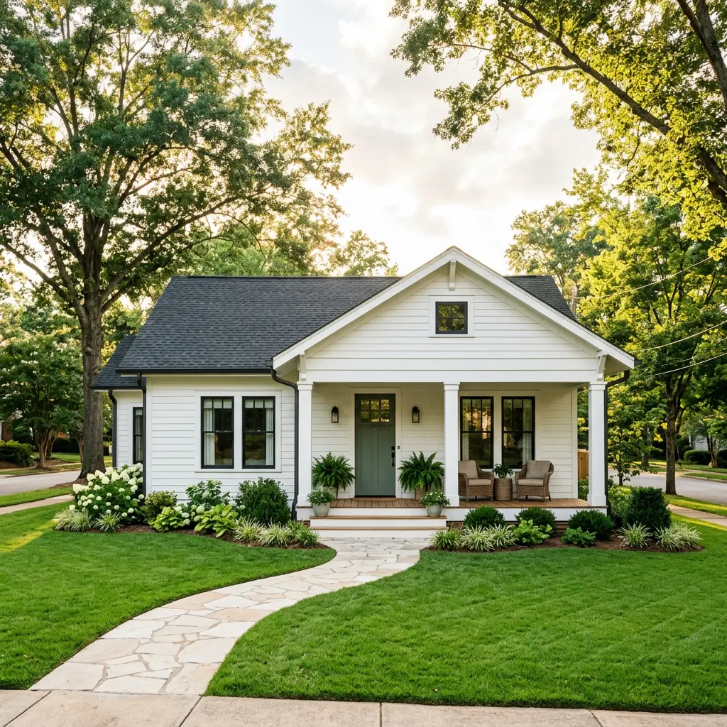 Illustration of a welcoming white Craftsman home with a green lawn, porch, and mature trees